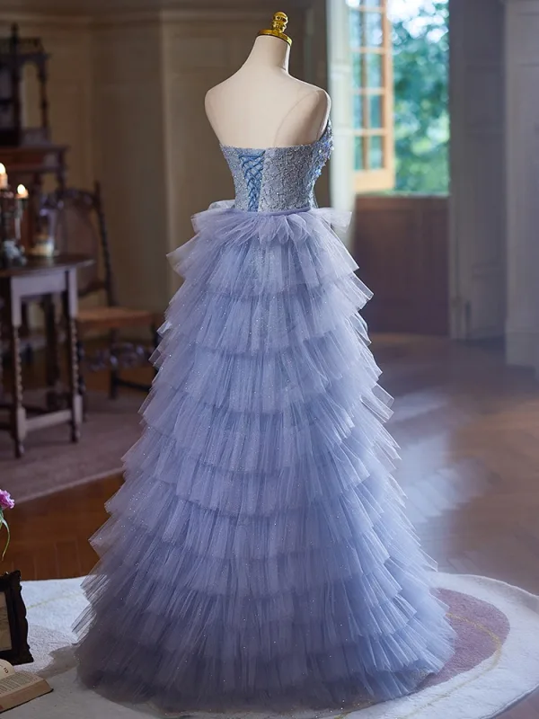 Haut de Gamme Bleu Ciel Perlage Paillettes Volants en Cascade Robe De Soirée 2024 Trompette / Sirène Bustier Sans Manches Dos Nu Longue Soirée Robe De Ceremonie