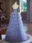 Haut de Gamme Bleu Ciel Perlage Paillettes Volants en Cascade Robe De Soirée 2024 Trompette / Sirène Bustier Sans Manches Dos Nu Longue Soirée Robe De Ceremonie