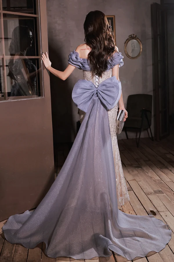 Charmant Bleu Glitter Perlage Paillettes Robe De Soirée 2023 Trompette / Sirène De l'épaule Manches Courtes Dos Nu Noeud Longue Soirée Robe De Ceremonie