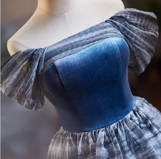 Modest / Simple Ocean Blue Prom Dresses 2024 Ball Gown Off-The-Shoulder Short Sleeve Backless Floor-Length / Long Prom Formal Dresses