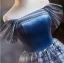 Modest / Simple Ocean Blue Prom Dresses 2024 Ball Gown Off-The-Shoulder Short Sleeve Backless Floor-Length / Long Prom Formal Dresses