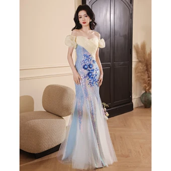 Charmant Bleu Ciel Paillettes En Dentelle Fleur Robe De Soirée 2024 Trompette Sirène De L Épaule Manches Courtes Dos Nu Longue Soirée Robe De Ceremonie