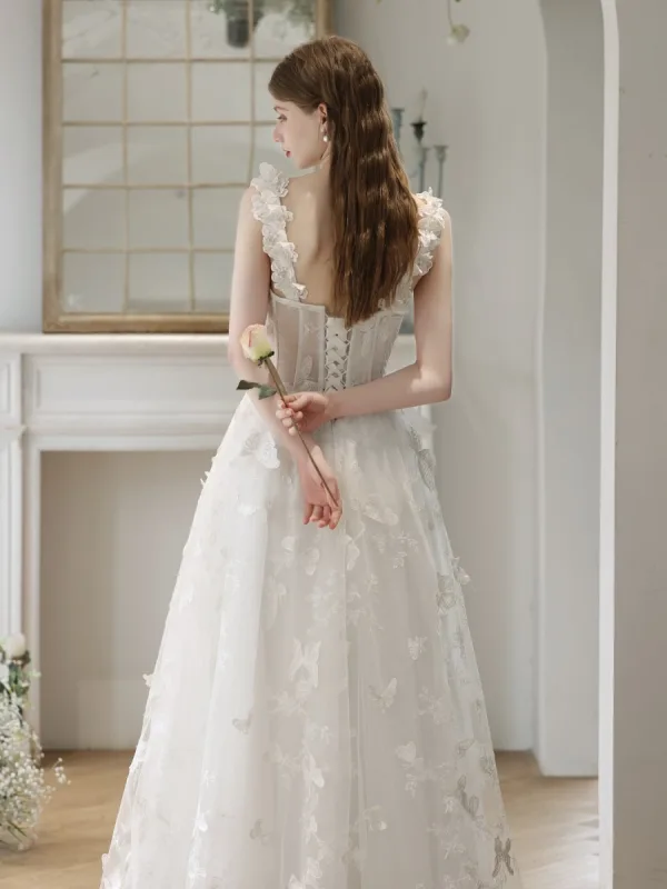 Elegant White Pearl Lace Butterfly Prom Dresses 2023 A-Line / Princess Spaghetti Straps Sleeveless Backless Floor-Length / Long Formal Dresses