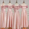 Modest / Simple Candy Pink Bridesmaid Dresses 2023 A-Line / Princess Short Sleeve Backless Floor-Length / Long Bridesmaid Dresses