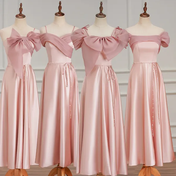 Modest / Simple Candy Pink Bridesmaid Dresses 2023 A-Line / Princess Short Sleeve Backless Floor-Length / Long Bridesmaid Dresses