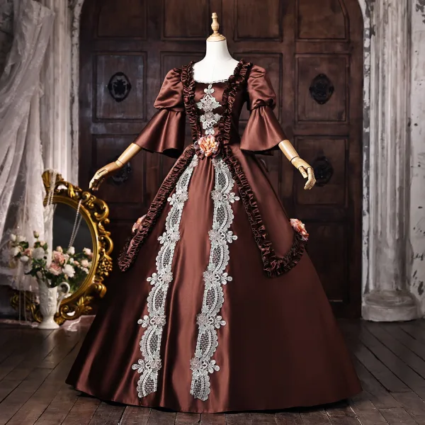 Vintage / Retro Medieval Coffee Appliques Lace Flower Ruffle Prom Dresses 2026 Ball Gown Square Neckline Short Sleeve Backless Floor-Length / Long Formal Dresses