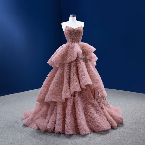 High End Charmant Rosa Fallende Rüsche Ballkleider 2022 Ballkleid Bandeau Ärmellos Perlenstickerei Perle Pailletten Sweep / Pinsel Zug Ball Festliche Kleider