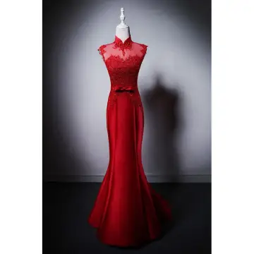 Chinese Style Red Lace Flower Rhinestone Evening Dresses 2025 Trumpet Mermaid High Neck Sleeveless Bow Sash Sweep Train Evening Party Formal Dresses
