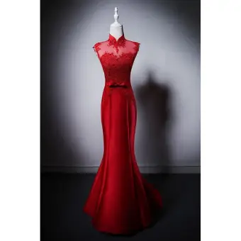 Chinese Style Red Lace Flower Rhinestone Evening Dresses 2025 Trumpet Mermaid High Neck Sleeveless Bow Sash Sweep Train Evening Party Formal Dresses
