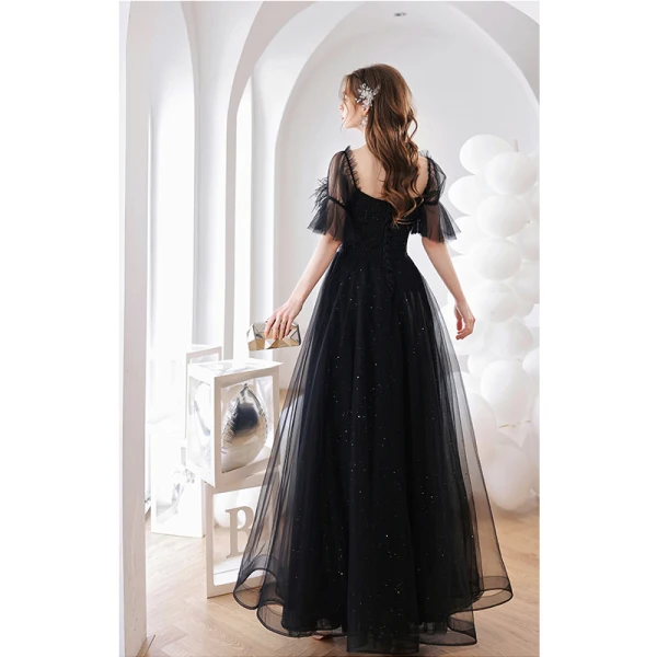 Charming Black Feather Beading Sequins Prom Dresses 2022 A-Line / Princess Square Neckline Bell sleeves Backless Floor-Length / Long Formal Dresses