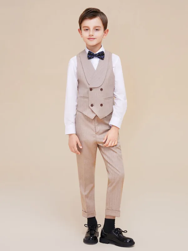 Fashion Beige Long Sleeve Boys Wedding Suits 2022 Coat Pants Shirt Tie Wedding