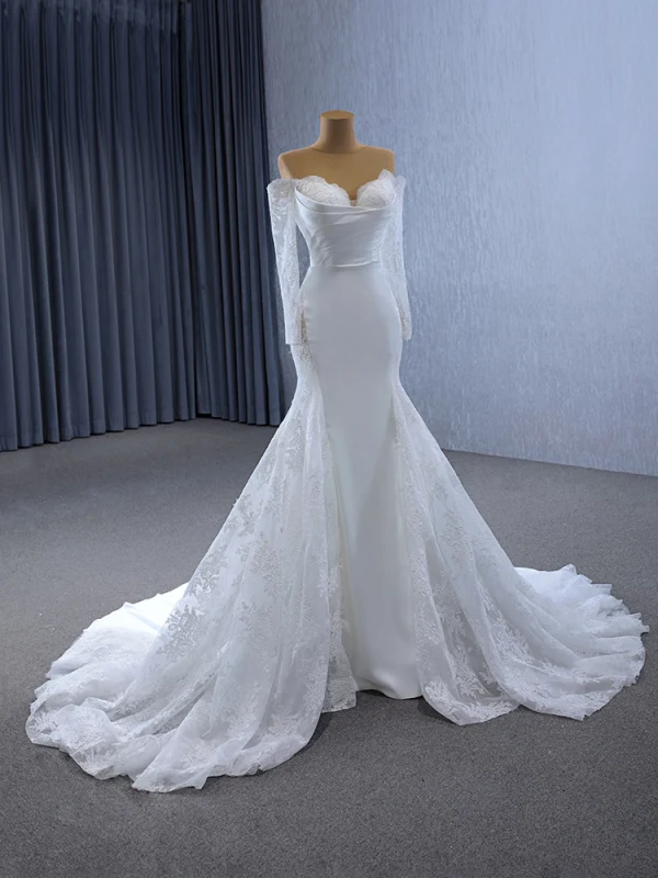 High-end White Lace Flower Wedding Dresses 2024 Trumpet / Mermaid Off-The-Shoulder Long Sleeve Court Train Wedding