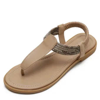 Bohemia Modest Simple Beige Beach Flat Womens Sandals 2022 T Strap Open Peep Toe Womens Sandals