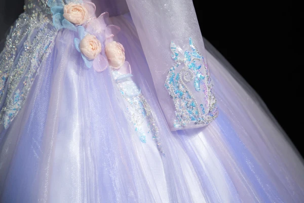 Chic / Beautiful Lavender Beading Sequins Appliques Prom Dresses 2023 Ball Gown V-Neck Long Sleeve Backless Floor-Length / Long Prom Formal Dresses
