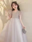 Modest / Simple Grey Beading Sequins Birthday Flower Girl Dresses 2024 Ball Gown V-Neck Short Sleeve Floor-Length / Long