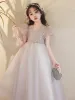 Modest / Simple Grey Beading Sequins Birthday Flower Girl Dresses 2024 Ball Gown V-Neck Short Sleeve Floor-Length / Long
