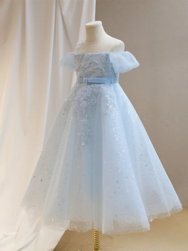 Chic / Beautiful Sky Blue Appliques Beading Pearl Sequins Birthday Flower Girl Dresses 2024 A-Line / Princess Scoop Neck Short Sleeve Tulle Floor-Length / Long