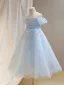 Chic / Beautiful Sky Blue Appliques Beading Pearl Sequins Birthday Flower Girl Dresses 2024 A-Line / Princess Scoop Neck Short Sleeve Tulle Floor-Length / Long