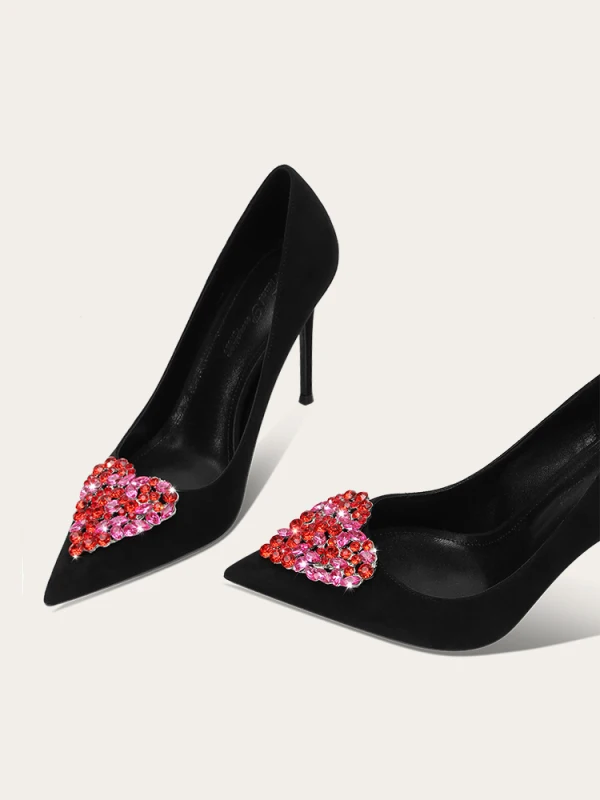 Mode Noire Forme de coeur Faux Diamant Promo Escarpins 2024 Cuir 10 cm Talons Aiguilles À Bout Pointu Escarpins