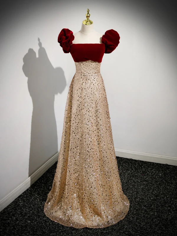 Sparkly Gold Beading Sequins Evening Dresses 2023 A-Line / Princess Off-The-Shoulder Puffy Short Sleeve Backless Floor-Length / Long Formal Dresses