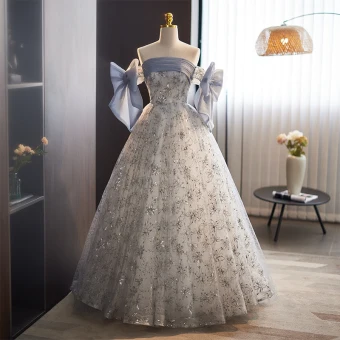 Chic Belle Bleu Ciel Paillettes Robe De Bal 2023 Princesse Sans Manches De L Épaule Noeud Dos Nu Longue Promo Robe De Ceremonie