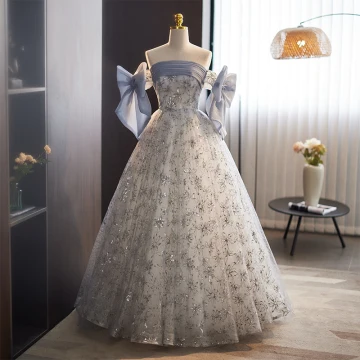 Chic Beautiful Sky Blue Sequins Prom Dresses 2023 A Line Princess Sleeveless Off The Shoulder Bow Backless Floor Length Long Prom Formal Dresses