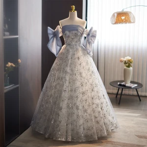 Hermoso Azul Cielo Lentejuelas Vestidos De Gala 2023 A Line Princess Sin Mangas Fuera Del Hombro Bowknot Sin Espalda Largos Gala Vestidos Formales