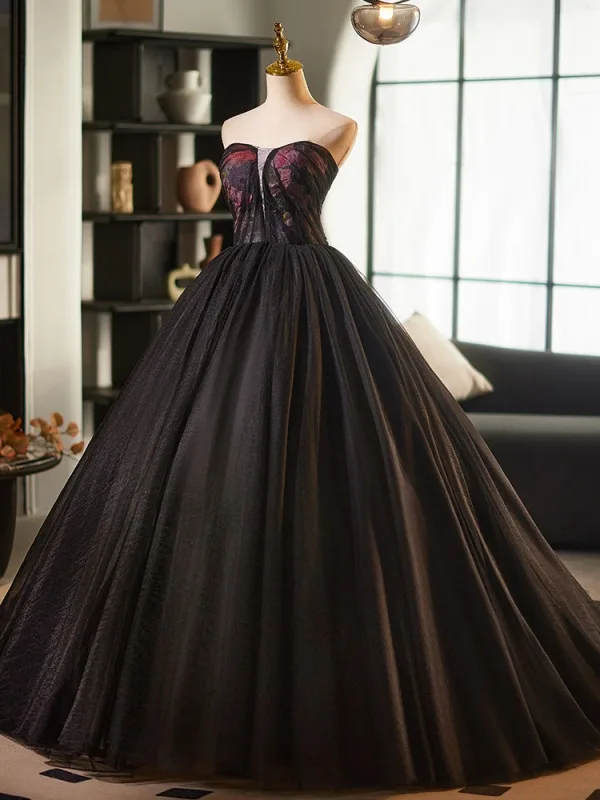 Elegant Black Printing Prom Dresses 2025 Ball Gown Strapless Sleeveless Backless Floor-Length / Long Prom Formal Dresses