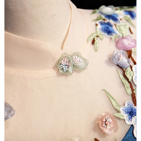 Vintage / Retro Navy Blue Satin Prom Dresses 2023 A-Line / Princess High Neck Lace Flower Appliques Short Sleeve Backless Floor-Length / Long Formal Dresses