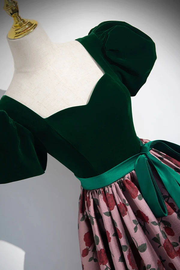 Vintage / Retro Dark Green Printing Prom Dresses 2024 Ball Gown Square Neckline Bow Sash Short Sleeve Backless Floor-Length / Long Prom Formal Dresses