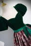 Vintage / Retro Dark Green Printing Prom Dresses 2024 Ball Gown Square Neckline Bow Sash Short Sleeve Backless Floor-Length / Long Prom Formal Dresses