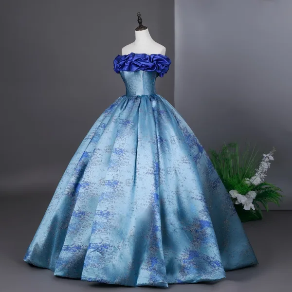 Vintage / Retro Pool Blue Prom Dresses 2025 Strapless Ball Gown Sleeveless Backless Floor-Length / Long Prom Formal Dresses