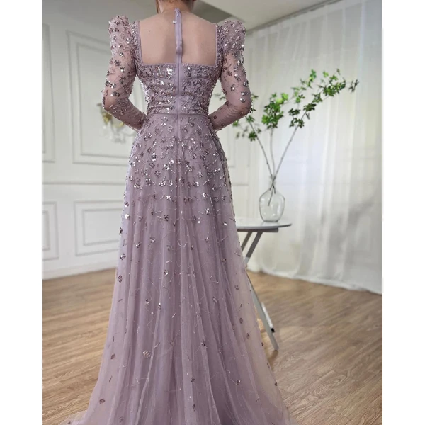 High End Meeresblau Handgefertigt Perlenstickerei Pailletten Ballkleider 2024 A Linie Eckiger Ausschnitt Lange Ärmel Lange Ball Festliche Kleider