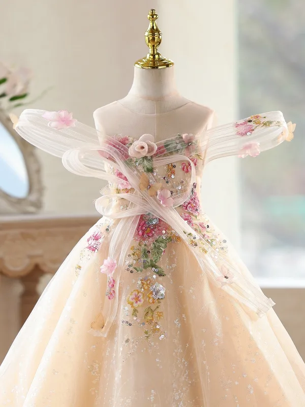 Elegante Champagner Pailletten Spitze Blumen Geburtstag Blumenmädchenkleider 2026 Ballkleid Rundhalsausschnitt Ärmellos Rückenfreies Lange Tülle