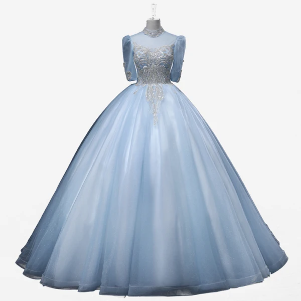 Elegant Sky Blue Beading Sequins Prom Dresses 2022 Ball Gown High Neck Short Sleeve Backless Floor-Length / Long Prom Formal Dresses