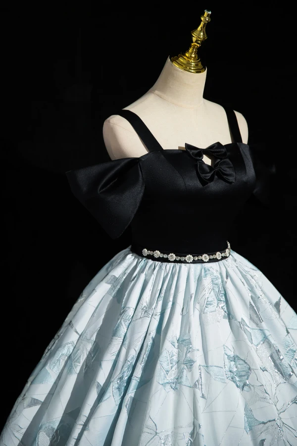 Elegant Black Printing Rhinestone Prom Dresses 2023 Ball Gown Spaghetti Straps Bow Short Sleeve Backless Floor-Length / Long Formal Dresses