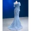 High End Charmant Himmelblau Perlenstickerei Pailletten Abendkleider 2023 Meerjungfrau One-Shoulder Lange Ärmel Rückenfreies Gespaltete Front Sweep / Pinsel Zug Abend Festliche Kleider