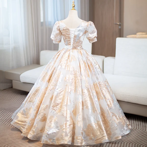 Elegant Rhinestone Sequins Lace Flower Gold Prom Dresses 2024 Ball Gown V-Neck Short Sleeve Backless Floor-Length / Long Formal Dresses