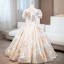 Elegant Rhinestone Sequins Lace Flower Gold Prom Dresses 2024 Ball Gown V-Neck Short Sleeve Backless Floor-Length / Long Formal Dresses
