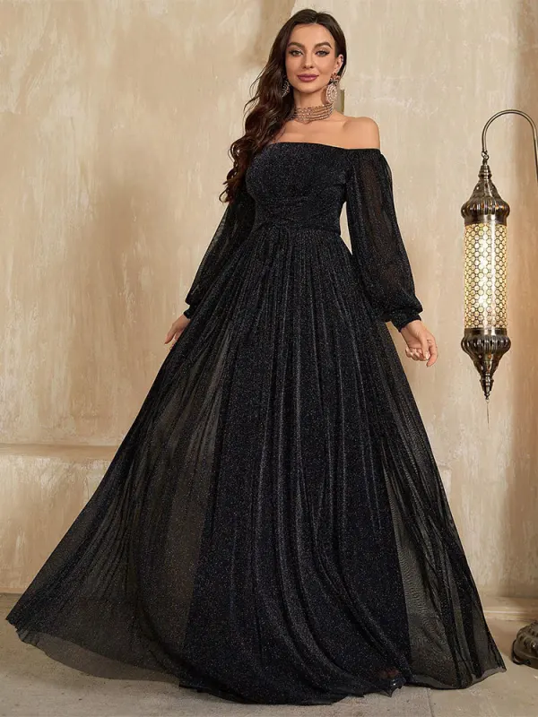 Elegante Schwarz Glanz Ballkleider 2025 A Linie Off Shoulder Lange Ärmel Rückenfreies Lange Ball Festliche Kleider