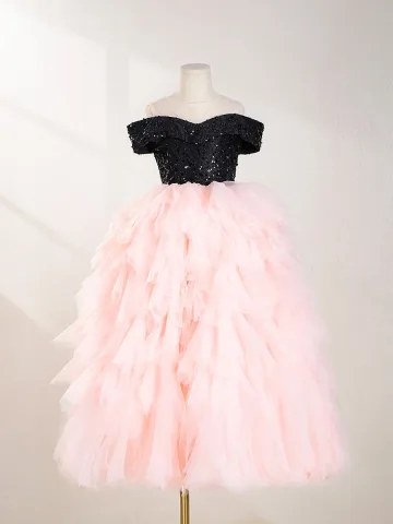Bling Bling Blozen Roze Kralen Pailletten Verjaardag Bloemenmeisjes Jurken 2024 Baljurk Uit De Schouder Korte Mouwen Ruglooze Strik Lange Tule
