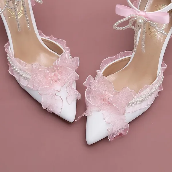 Schön Charmant Weiß Brautschuhe 2023 Knöchelriemen Perle Schleife 9 cm Stilettos Spitzschuh Hochzeit Sandaletten Hochhackige