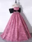 Schöne Pink Rüschen Blumen Ballkleider 2024 Ballkleid Off Shoulder Kurze Ärmel Rückenfreies Sweep / Pinsel Zug Ball Festliche Kleider