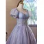 Chic / Belle Lavande Perlage Paillettes Courte de retour Robe De Graduation 2024 Princesse Encolure Carrée Gonflée Manches Courtes Dos Nu Tulle