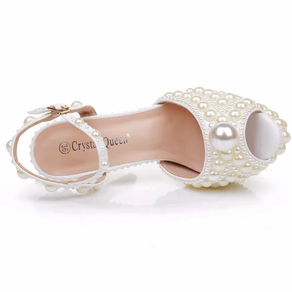 Elegant Beige Pearl Wedding Shoes 2024 14 cm Stiletto Heels Open / Peep Toe Wedding Sandals High Heels
