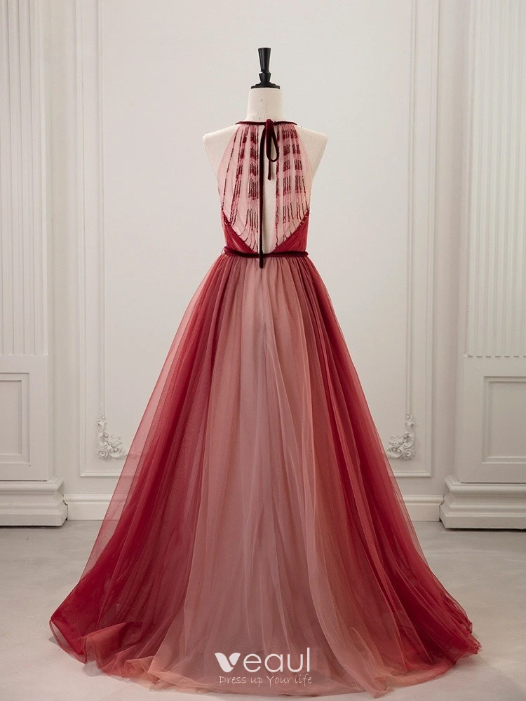 Fashion Burgundy Gradient-Color Prom Dresses 2025 A-Line Princess Halter Sleeveless Long Fashion Burgundy Gradient-Color Prom Dresses 2025 A-Line Princess Halter Sleeveless Long
