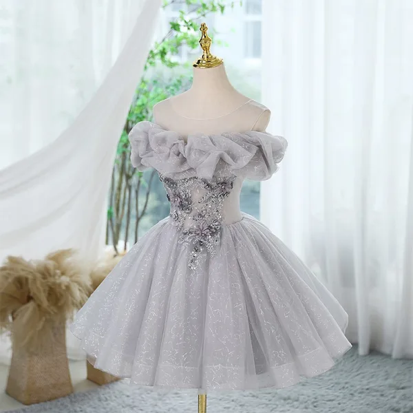Chic / Belle Gris Perlage Appliques Paillettes Courte Anniversaire Robe De Fête 2024 Robe Boule De l'épaule Manches Courtes Dos Nu Robe De Ceremonie