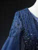Vintage / Retro Navy Blue Beading Sequins Glitter Short Prom Dresses 2024 A-Line / Princess Scoop Neck Long Sleeve Backless Formal Dresses