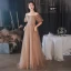 Charming Champagne Sequins Evening Dresses 2022 A-Line / Princess Off-The-Shoulder Rhinestone Short Sleeve Backless Floor-Length / Long Evening Party Formal Dresses