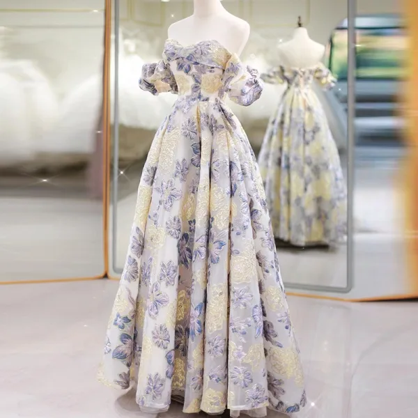 Chic / Beautiful Lavender Printing Prom Dresses 2025 A-Line / Princess Off-The-Shoulder Short Sleeve Backless Floor-Length / Long Prom Formal Dresses